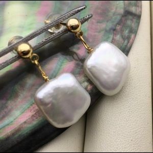 White Square Shaped NATURAL Pearl Drops - 14K Yellow Gold Plate